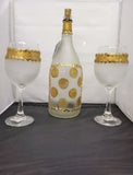 Customized Gold and Frosted Wine Bottle with 2pc Long Stem Wine Glasses