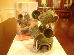 Embossed Vine Pattern Ceramic Espresso Mugs & Saucers with Chrome Rack - FayZen's Kreations