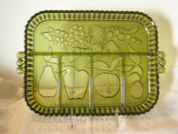 Green Indiana Glass Tiara Relish Tray with Vintage Pressed Glass Pattern - FayZen's Kreations