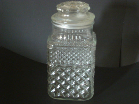 Vintage Cookie Jar Canister, Clear Glass Embossed With Apples With