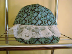 Turquoise/Black Print Baseball Hat with Vintage Scalloped White Lace - FayZen's Kreations