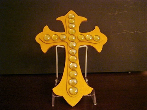 Gold Wood Fleur De Lis Cross Decorated with Clear Marbles - FayZen's Kreations
