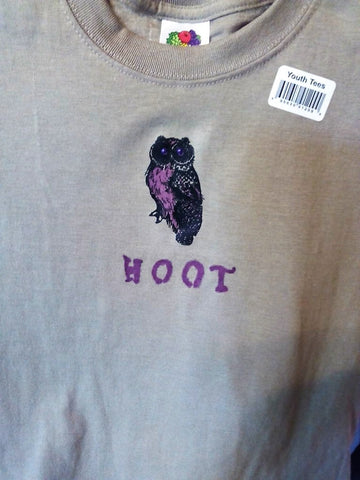 "Hoot" Owl Applique Youth T-Shirt - FayZen's Kreations