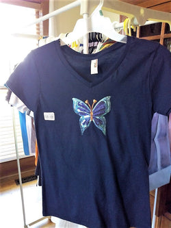 Sparkly Sequins Butterfly Appliqué Ladies Navy Blue T-Shirt - FayZen's Kreations