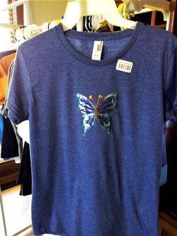 Sparkly Sequins Butterfly Appliqué Ladies Heather Blue T-Shirt - FayZen's Kreations