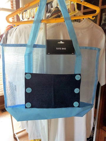 Light Blue Tote Bag with Navy Denim Pocket and 6 Buttons - FayZen's Kreations