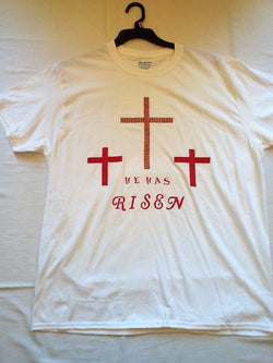"He Has Risen" Unisex T-Shirt Hand-painted with 3 Red Crosses - FayZen's Kreations
