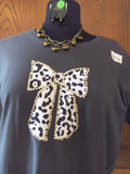 Snow Leopard Bow Ladies Dark Gray T-Shirt with Necklace Set - FayZen's Kreations