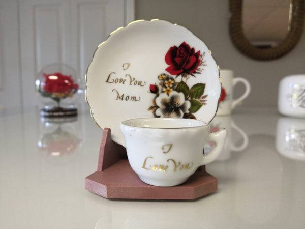 "I Love You Mom" Porcelain Miniature Display Plate & Cup - FayZen's Kreations
